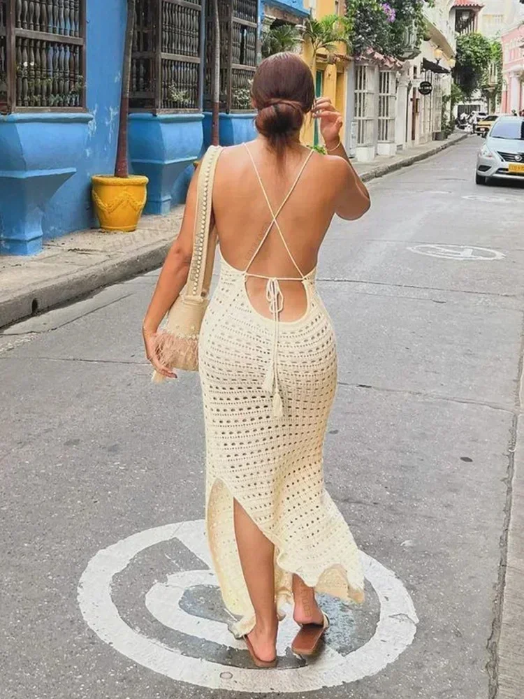 Sexy Knit Cut Out Tassel Spaghetti Strap Bodycon Beach Maxi Dress Summer Women\'s Holiday Club Party Outfit Swimsuit Cover Up K10