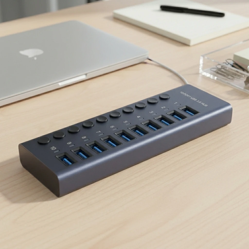10-Port Super Speed 5Gbps Aluminum Alloy USB 3.0 Hub with 12V Power Supply Multi-Plug Multi Device Charging in Stock