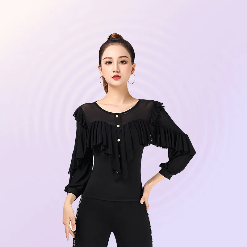 Dancewear Vrouwen Tops Latin Klassieke Dans Kostuum Samba Ballroom Tops Pole Effen Kleur Lange Mouw Avond Shirt Lijn Dans Top