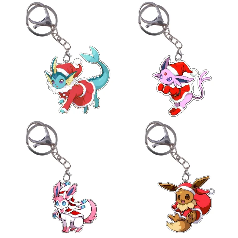 Pokemon Keychain Christmas Outfit Eevee Sylveon Leafeon Jolteon Espeon Cute Anime Game Characters DIY Acrylic Pendant Decoration