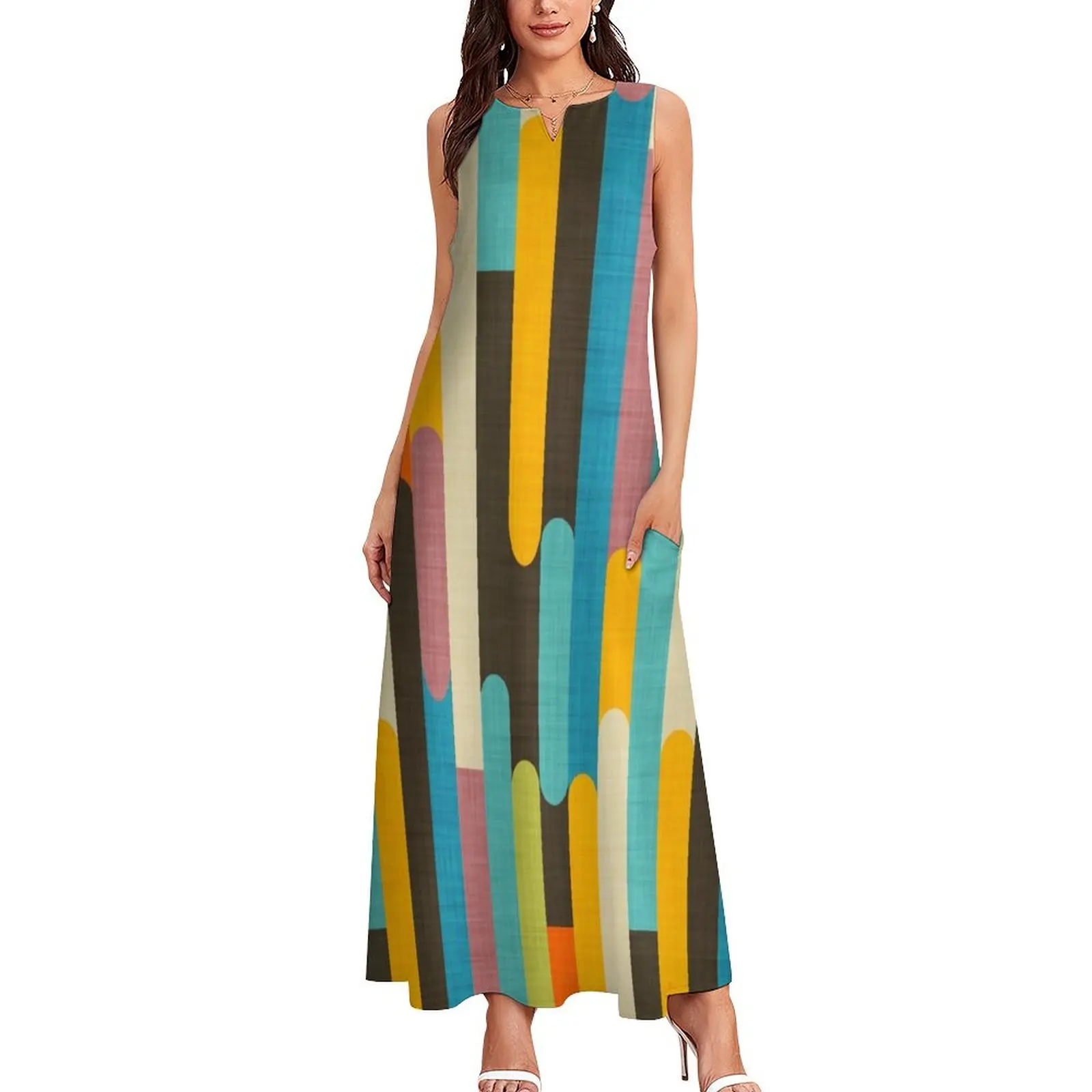 Retro Color Block Popsicle Sticks Blue Long Dress elegant dresses plus sizes Women