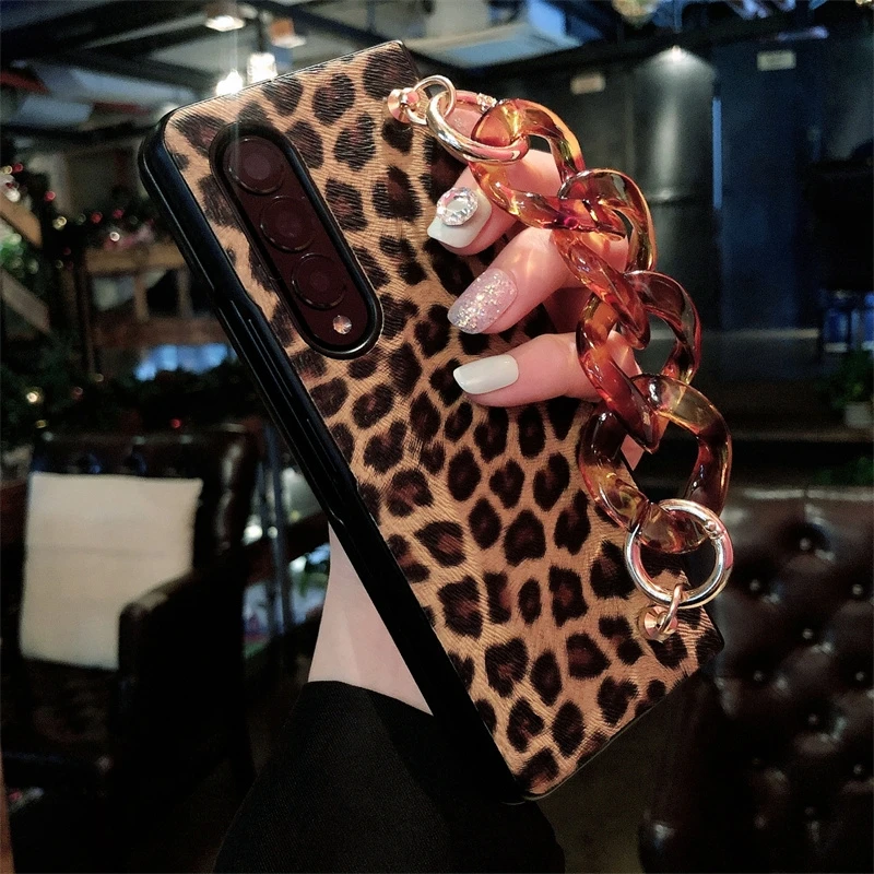 Luxury Leopard Print PU Leather Phone Case For Samsung Galaxy ZFold 7 ZFold6 ZFold 5 4 3 Cover with Wrist Strap for Woman Girl