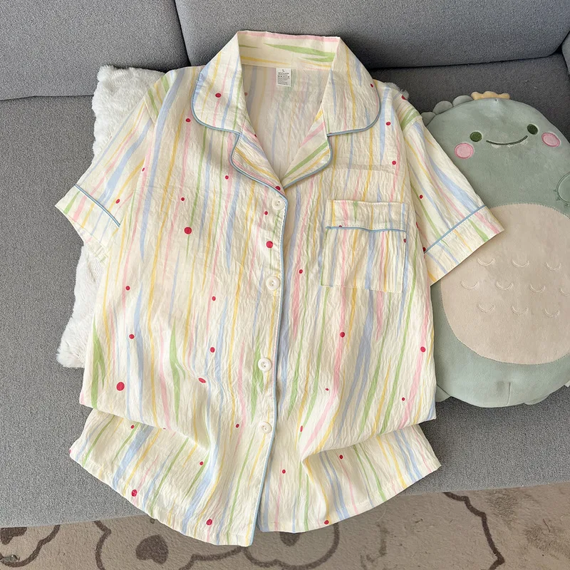 Roupa de dormir feminina, conjunto de verão com shorts de manga curta, respirável e confortável, cardigã com lapela, roupa para casa que pode ser usada fora de casa.
