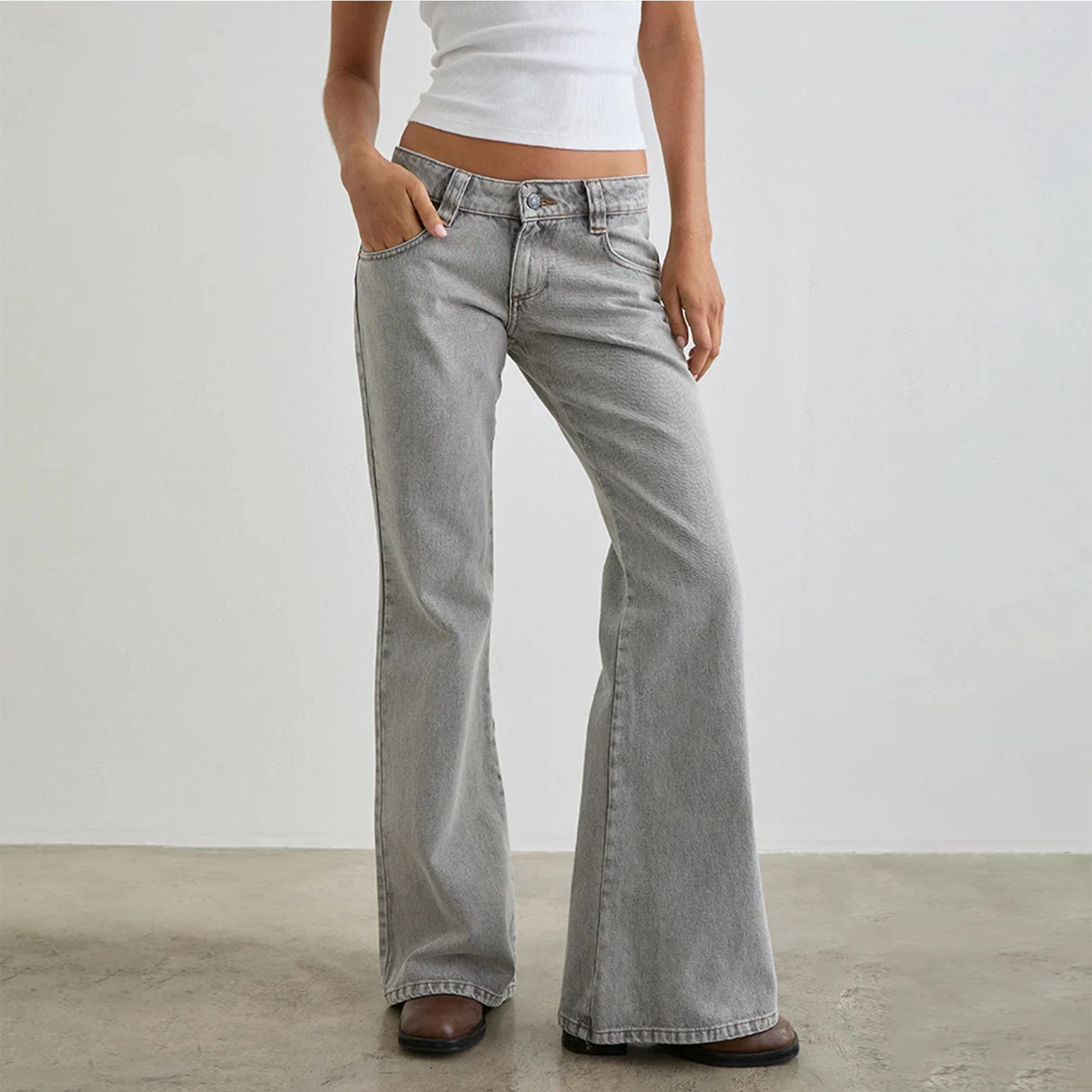 Jean rétro Harajuku taille basse pour femmes, jambes larges, Vintage Grunge, couleur unie, Baggy évasé, pantalon Streetwear, été, Y2K