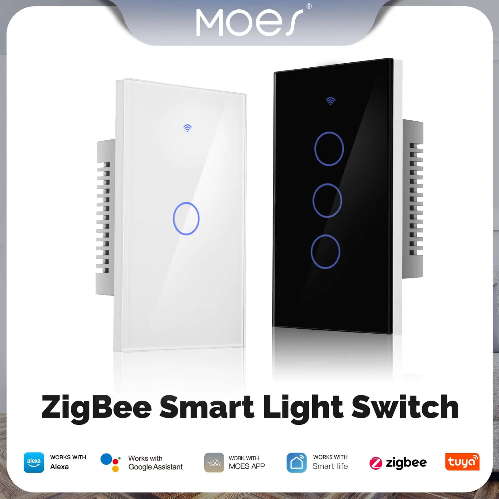 MOES Tuya ZigBee Smart Light Switch Touch Glass Panel Fireproof Neutral Wire Required Remote Control Work With Alexa Google Home