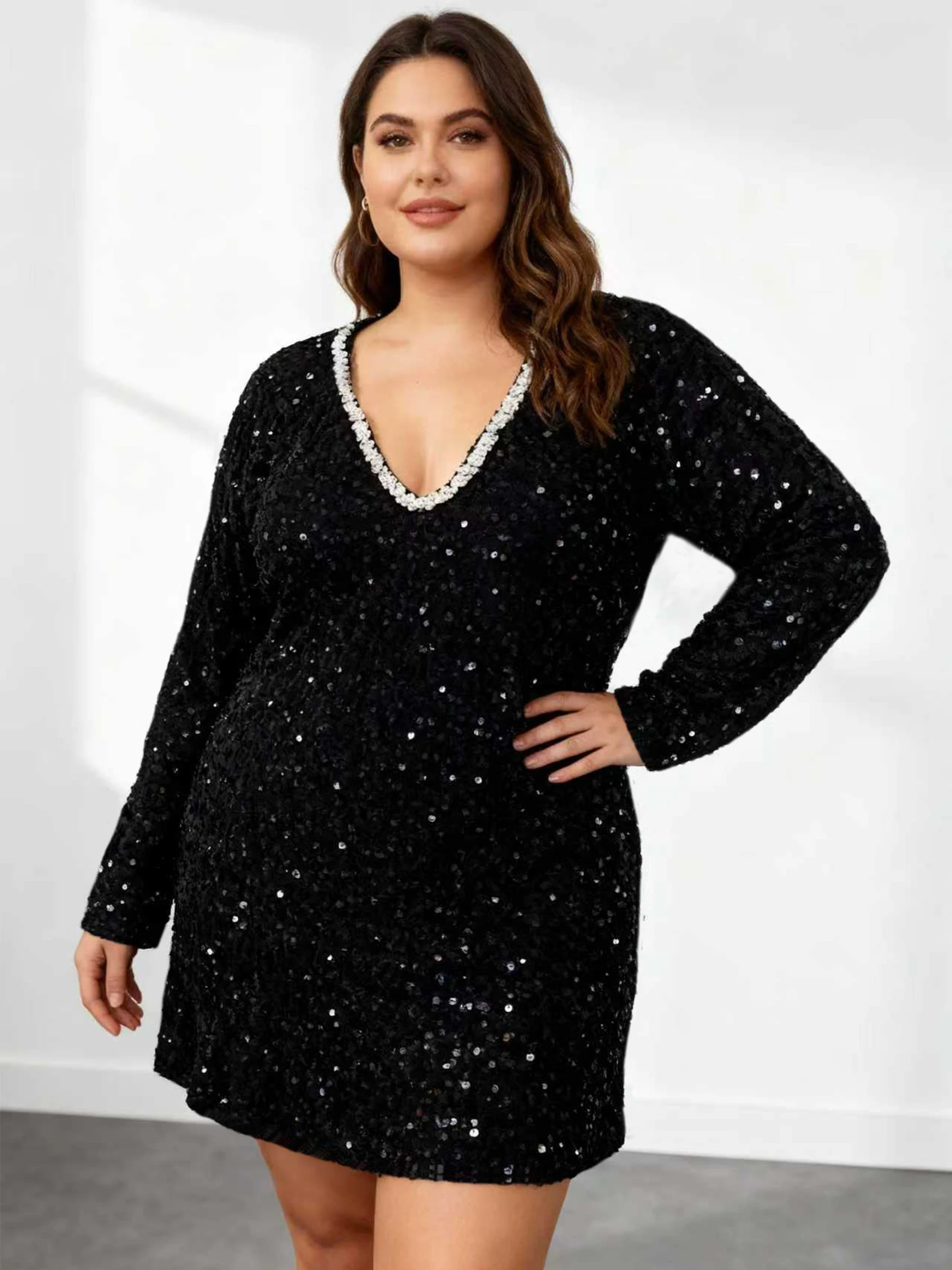 Plus Size Women Black Velvet Sequin Dress Long Sleeve Pearl Sequin Trim V Neck Loose Slimming Party Dress