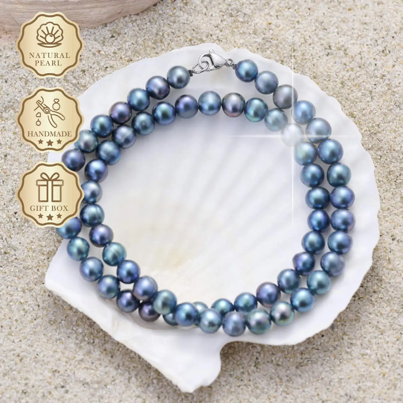 

MYSOYA Peacock Blue Freshwater Pearl Necklace 7–8mm with Silver Lobster Clasp, Gift Box, Birthday & Anniversary Gift