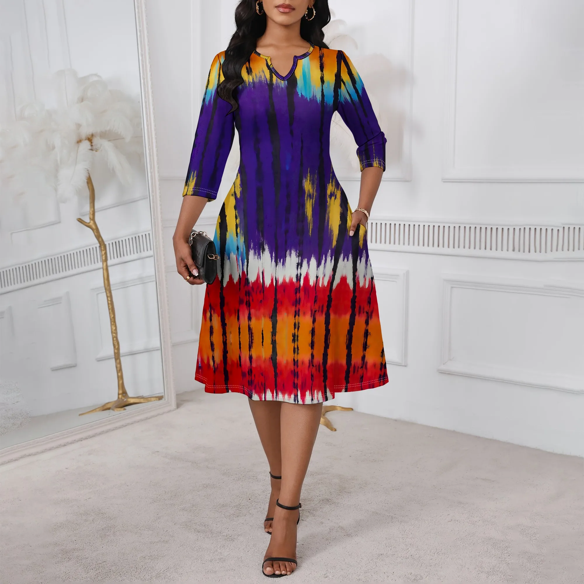 

2025 Ethnic Print A-Line Dress for Women 3/4 Sleeve V-Neck Drawstring Mid Dress Colorful Casual Church Outfit XS-3XL