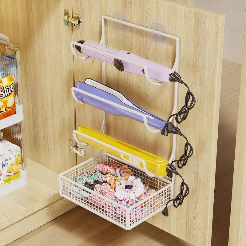 Wall Mounted Iron Hair Dryer Holder No Punch Storage Rack for Curling Iron Bathroom Organizer