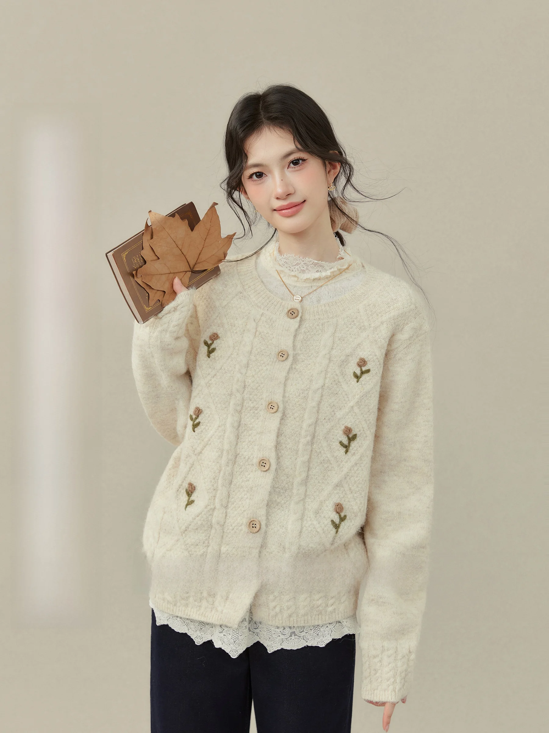 

Вязаный кардиган Qiuang Xiwai больших размеров с круглым вырезом, 3D цветами, винтажным цветочным принтом, длинными рукавами, повседневный, женский