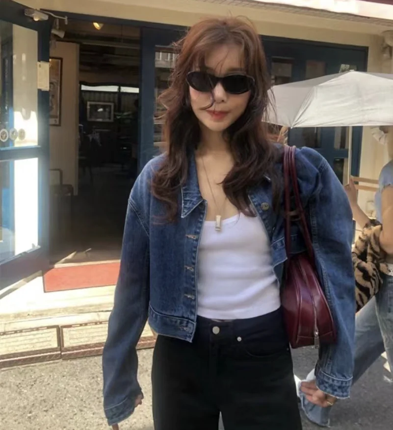 

TheBarnet свободного кроя, винтажное джинсовое джинсовое пальто с воротником для женщин, осень 2024, модное однотонное повседневное пальто на пуговицах