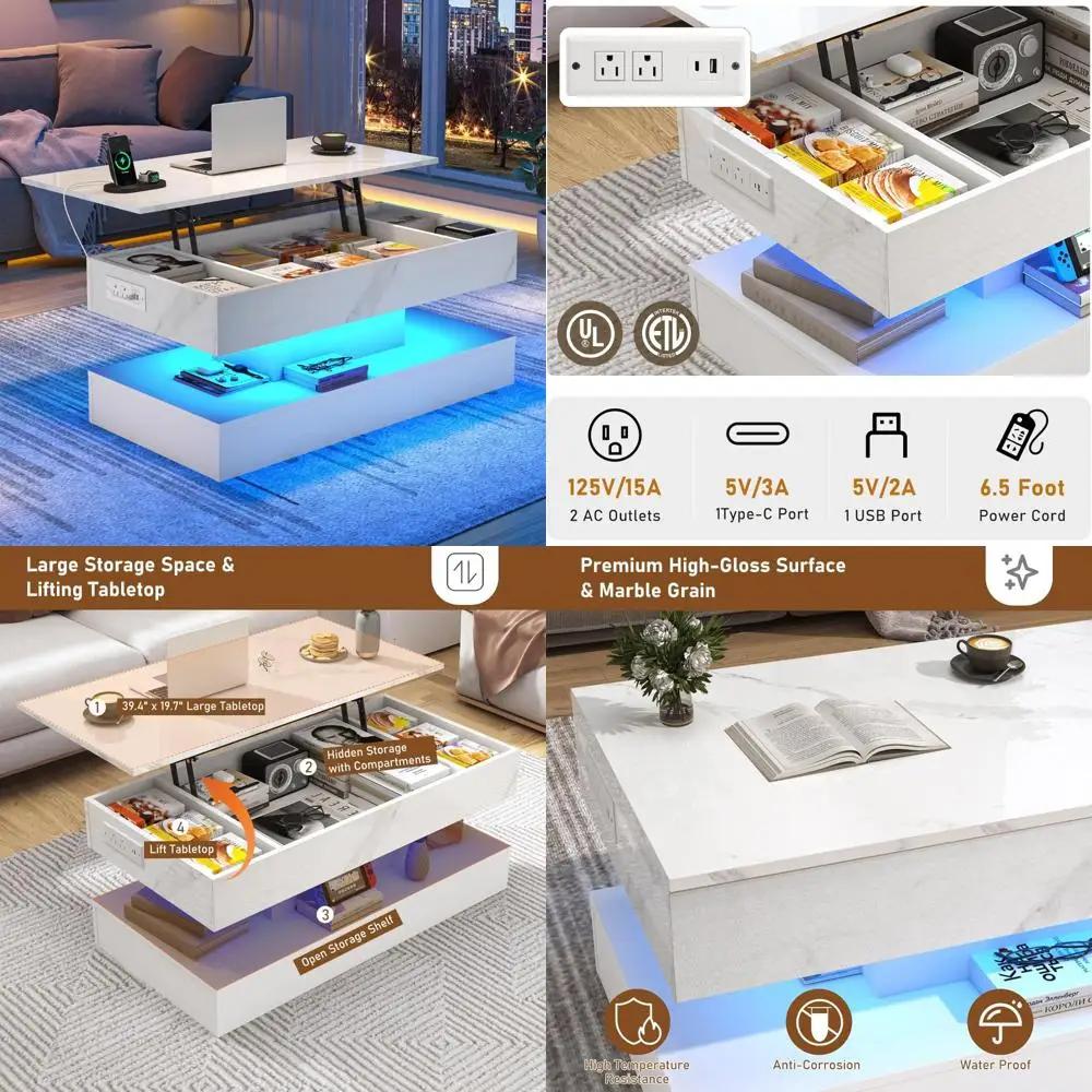 39.4 Grande table basse relevable avec station de recharge, table centrale moderne à LED haute brillance avec compartiment de rangement caché, Whi