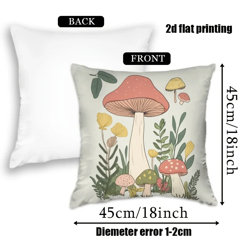 Mushroom and Botanical Illustration Pillow Cover Polyester Machine Washable Indoor Outdoor Sofa Garden Whimsical Decor