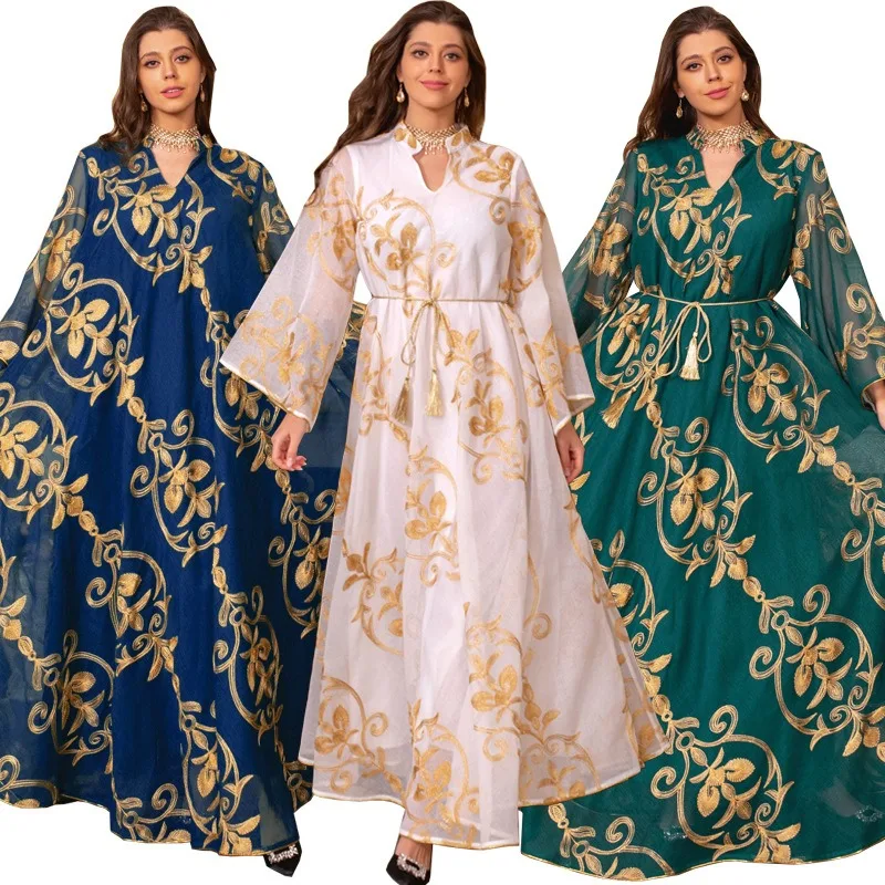 

Arabian Dubai Embroidered Mesh Dress European Muslim Party Dinner Fashion Evening Dress