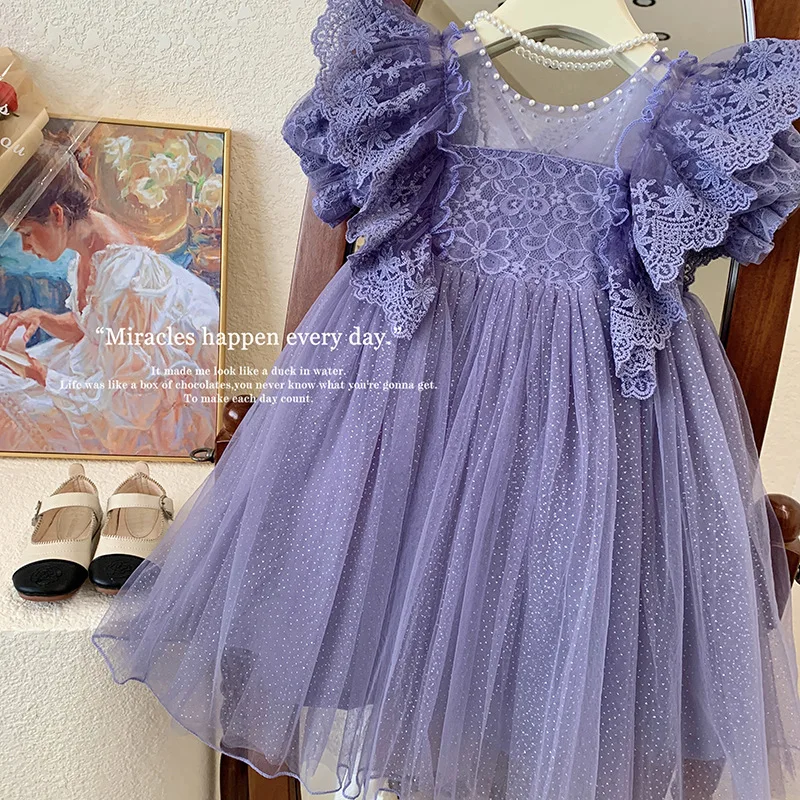 

Female Little Kids' Summer Clothing Nail Pearl Lace Fairy Dress Baby Girl Western Style Lace Puff Sleeve Puffy Mesh Princess Dre