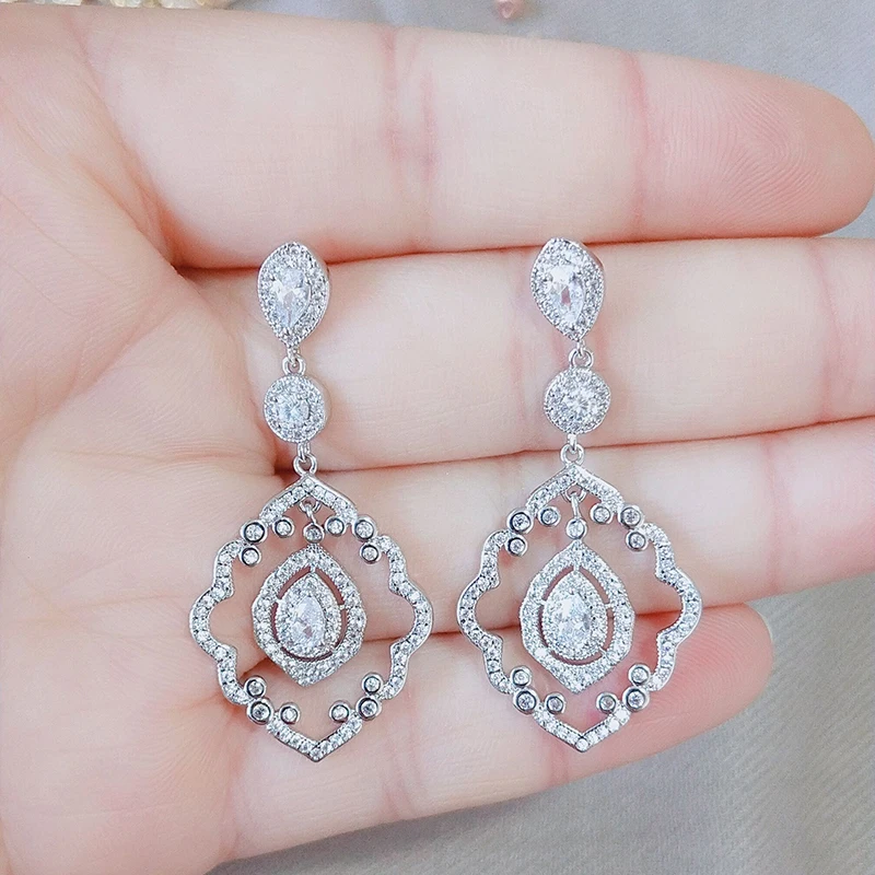 ZAKOL Luxurious Geometric Water Drop Flowers Dangle Earrings Silver Color Bride Wedding Party Stylish Jewelry Bijoux