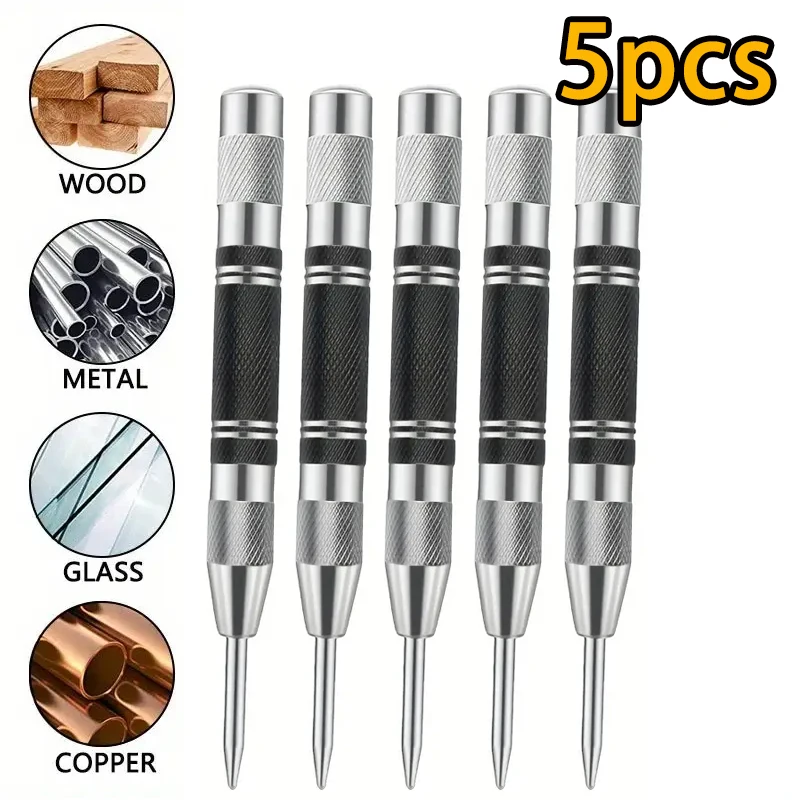 1/5pcs Stainless Steel Automatic Center Punch, Waterproof & Sand-Resistant | Multi-Surface Compatibility for Metal, Wood, Glass