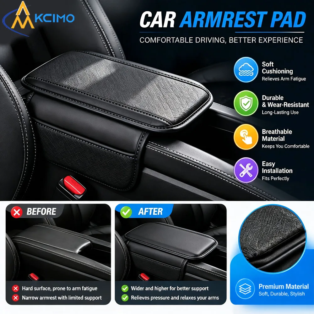 Premium PU Leather Car Armrest Cover Soft Cushion Mat with Storage Compartment Center Console Protection for Vehicle Interior