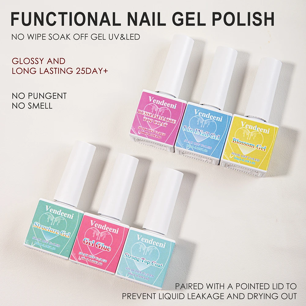 Vendeeni 6 قطعة/المجموعة قاعدة ومعطف فوقي هيكل ازدهار هلام طلاء الأظافر مانيكير وظيفة طلاء الأظافر 10 مللي TPO/HEMA مجاني