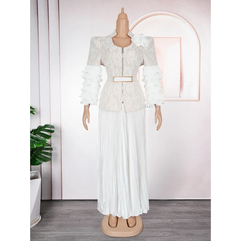 Afrikanische Damenbekleidung, plissiertes Spitzendruckkleid, Party, langes Kleid, Hochzeitskleid, zweiteiliges Set