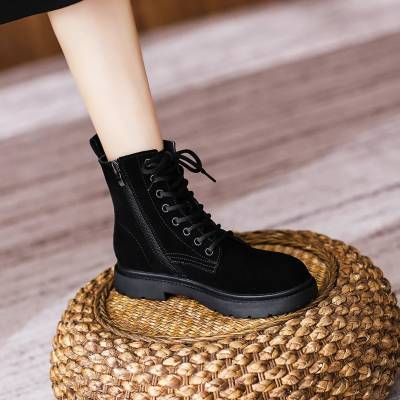 Womens Brown Suede Combat Boots Lace Up Round Toe Ankle Booties With Low Chunky Heel Comfortable Non Slip For Fall Winter Daily view 2