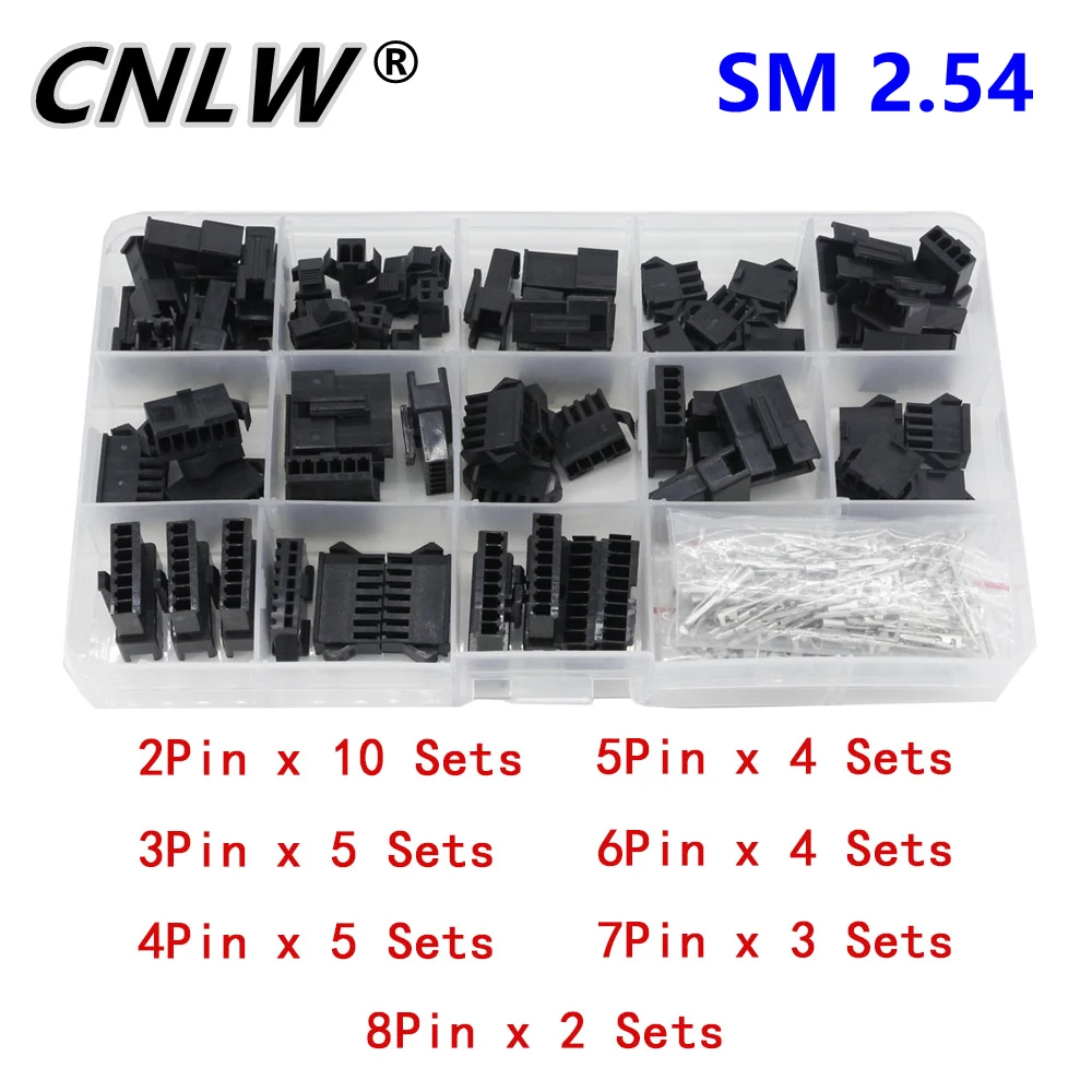 

SM2.54 Kits 33 Sets Kit in box 2p 3p 4p 5p 6p 7p 8p 2.54mm Pitch Female and Male Header Connectors Adaptor