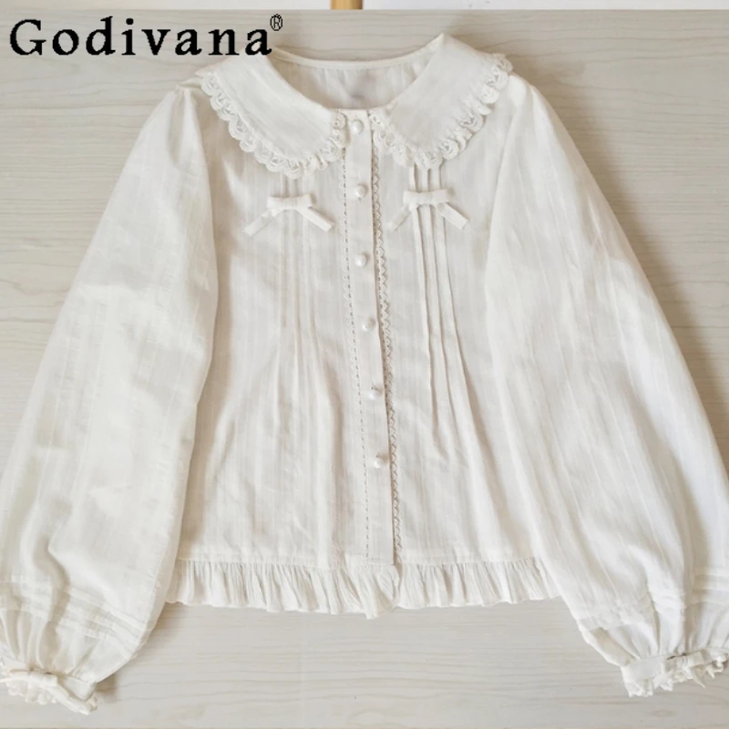 

Autumn Winter Sweet Lolita Velvet Thickened Long Sleeve Bottoming Shirt Girl Elegant Doll Collar Versatile Loose Princess Top
