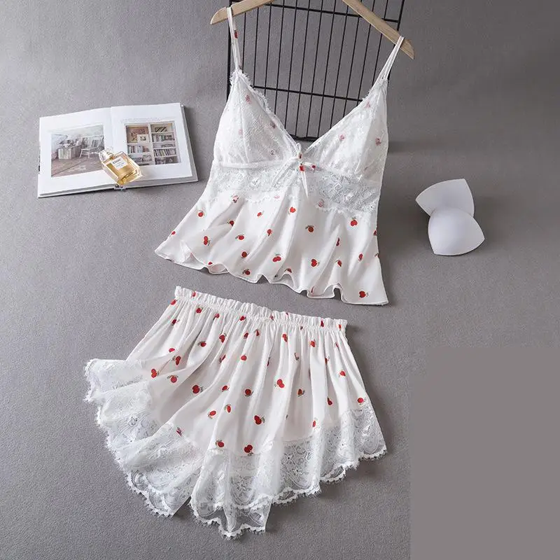 Summer New Strap Pajamas Set Women Lace Sleepwear Print Nightwear Intimate Lingerie Silky Satin Pyjamas Sleep Suit Homewear