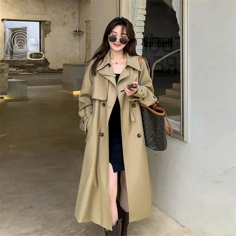 Trench lungo da donna Cappotti con bottoni con lacci Manica intera Colletto rovesciato Giacche con giunture Tasche solide Office Lady Streetwear