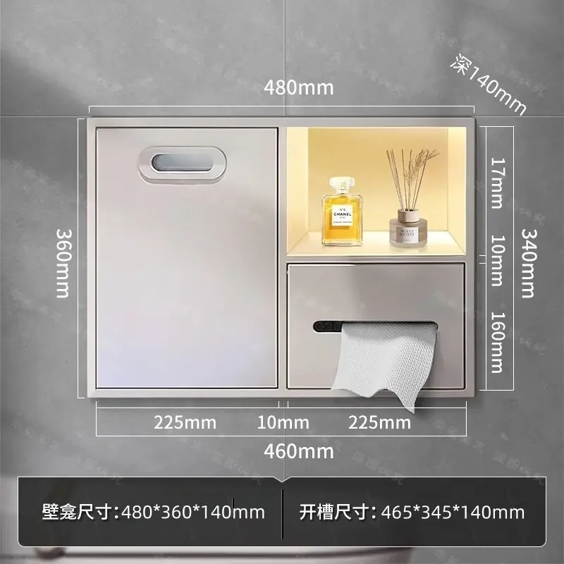 Stainless steel embedded toilet next to concealed tissue box trash can multi-functional niche custom cabinet