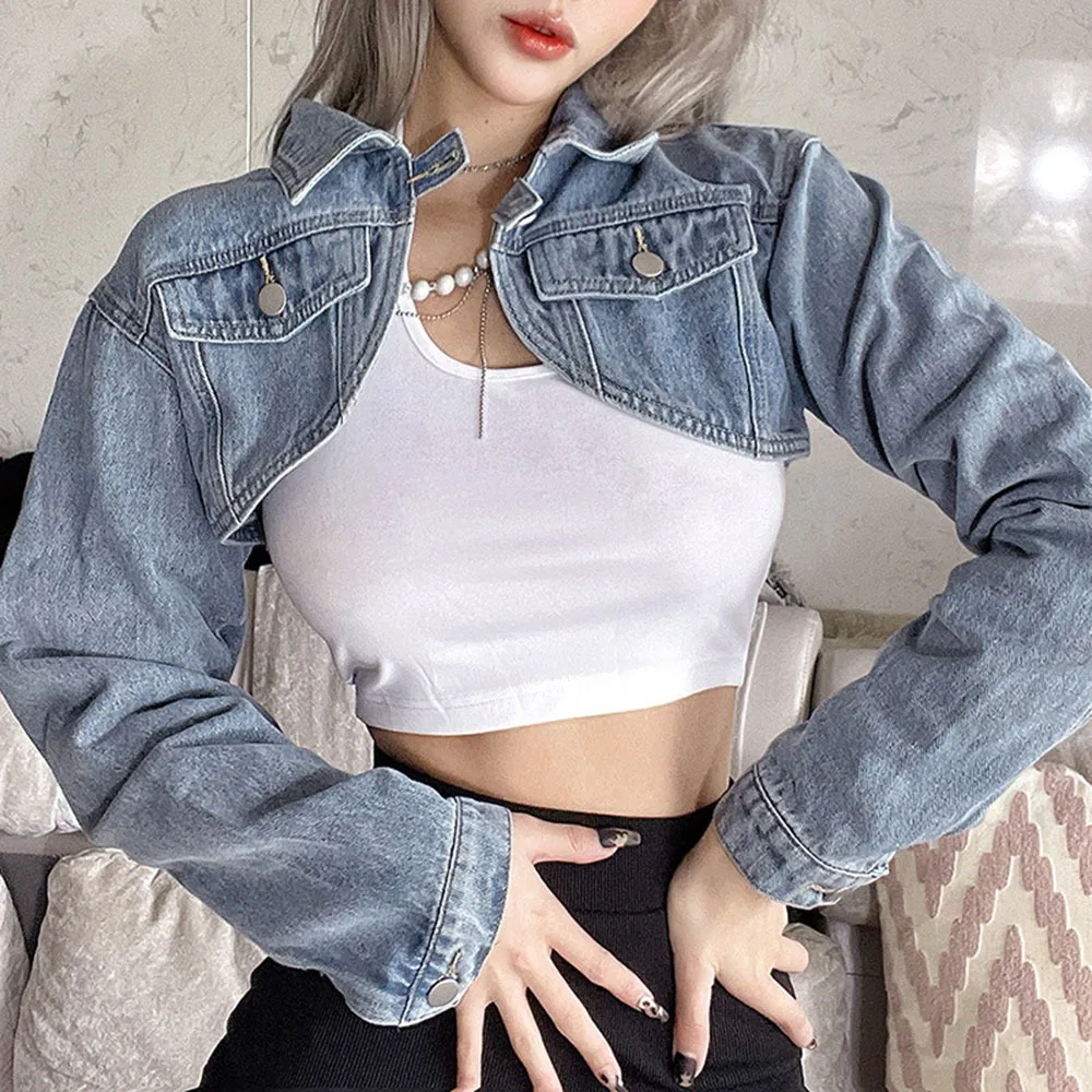 High Waist Y2K Solid Crop Denim Jacket Women Autumn Sexy Kpop Streetwear Jean Coat Female Chic Short Outwear 2022 E Girl Tops