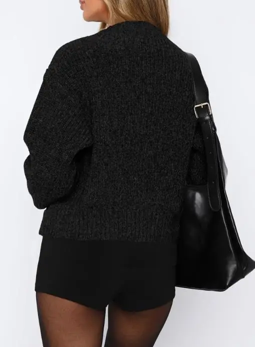 

Autumn and Winter Women's Casual Simple Long Sleeved Wool Sweater Solid Color Fashion Slim Fit Zipper Front Short Knit Jacket