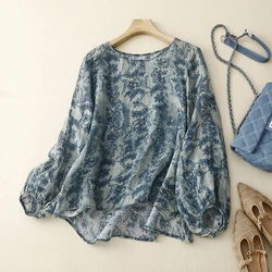 Indie Folk Floral Print Vintage Linen O-Neck Lantern Sleeve Loose Women's Blouse T-Shirt Female Blouses Women Clothing Fashion
