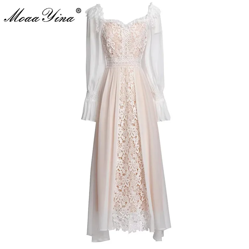 

MoaaYina Fashion Designer dress Autumn Women's Dress Flare Sleeve High Waist Vintage Lace Hook Flower Hollow Party Dresses