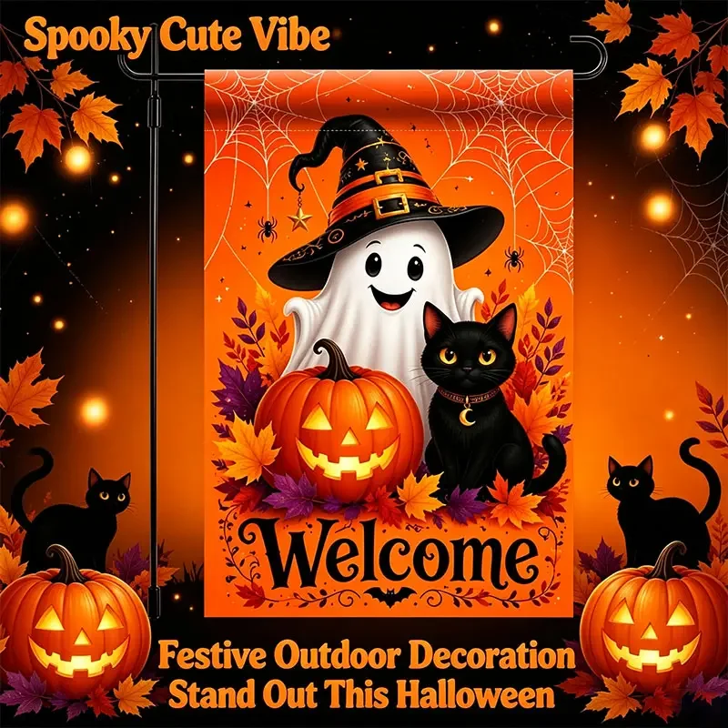 1Pc Halloween Welcome Garden Flag, Cute Ghost Witch Hat Black Cat Jack O Lantern Yard Flag, Fall Maple Leaf Spider Web Outdoor Decor, Seasonal Porch Garden Banner for Halloween Party Home Yard Decoration, 12×18 Inch, Flag Stand Not Included