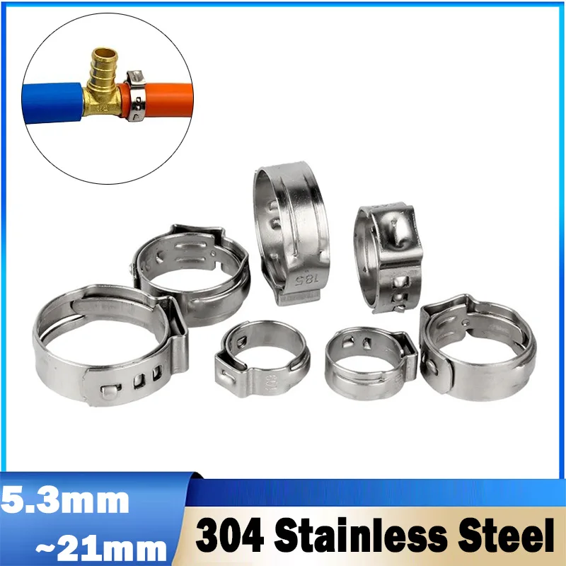 10/20/50Pcs 5.3mm~21mm 304 Stainless Steel Single Ear Hose Clamps Crimp Hose Clamps for Securing Pipe Hose, Automotive