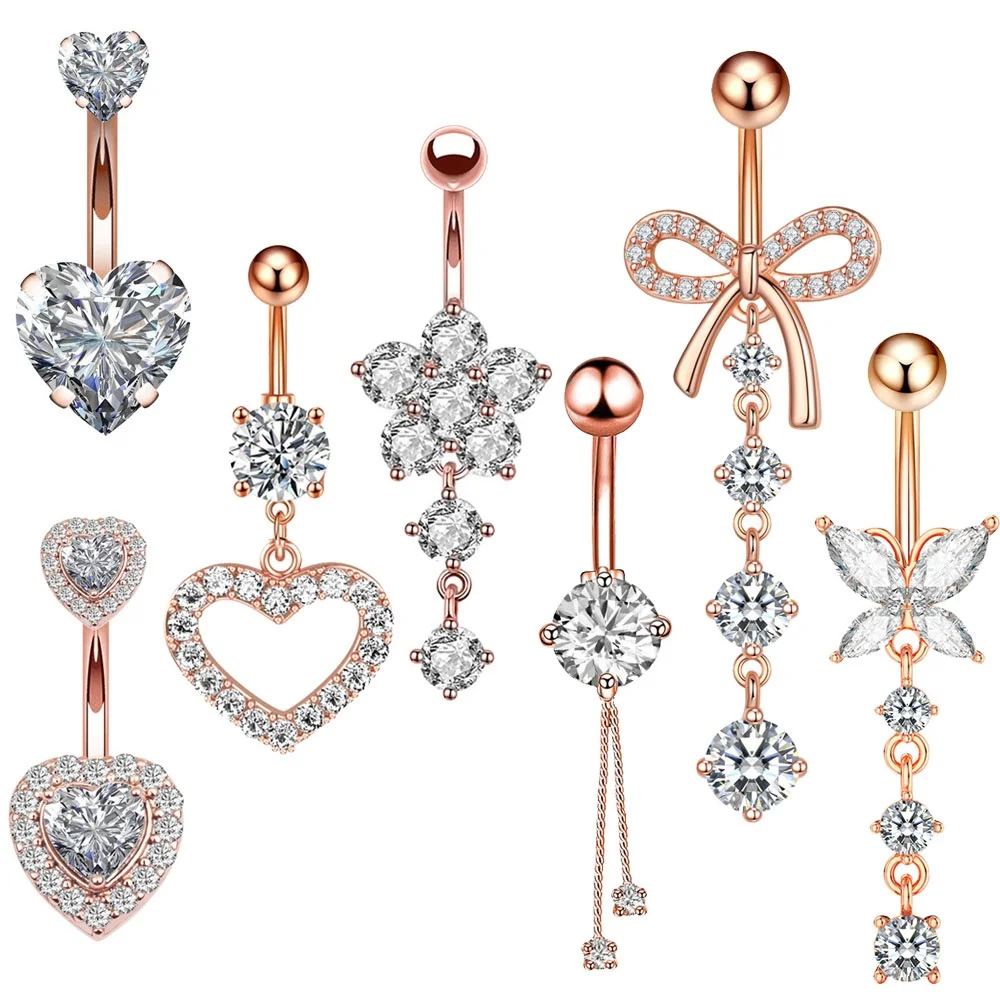 Gemischte Bauchnabelpiercing-Sets aus Edelstahl mit Blumen- und Schmetterlingsmotiven, gebogene Bauchnabelringe, 7 Stück/Set, Herz-Bauchnabelring-Packung – Detail 5