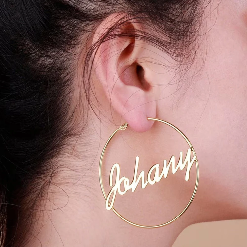 Stainless Steel Custom Name Hoop Earrings Minimalist Large Circle Earring Personalized Name Jewelry Bulk Wholesale Available
