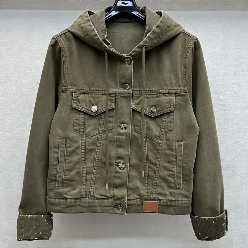 Army Green Fashion High-grade Hooded Denim Jacket Shorts Camisole Trousers Women's Four-piece Set