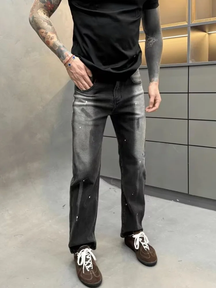 2026 American Retro Y2K Style Ink Painted Washed Black Grey Slim Jeans Pants Men Clothes Luxury Cotton Long Trousers Moda Hombre