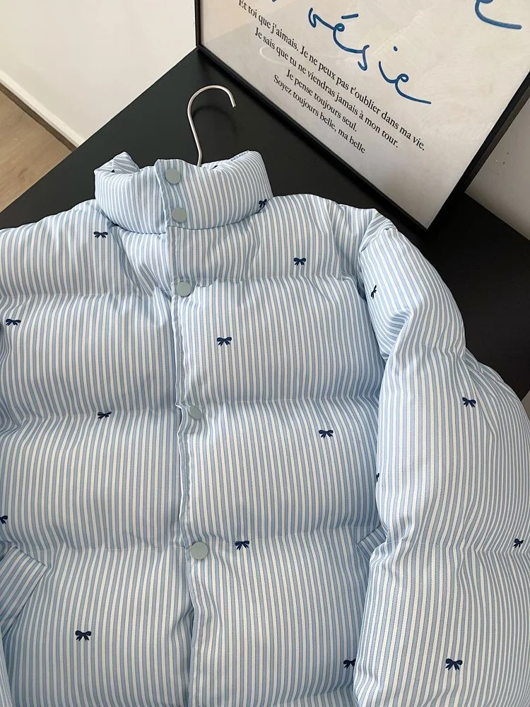 

Хлопковая куртка в синюю полоску с бантом, женская зима-осень, короткое пальто с воротником-стойкой, универсальная свободная теплая верхняя одежда с длинными рукавами