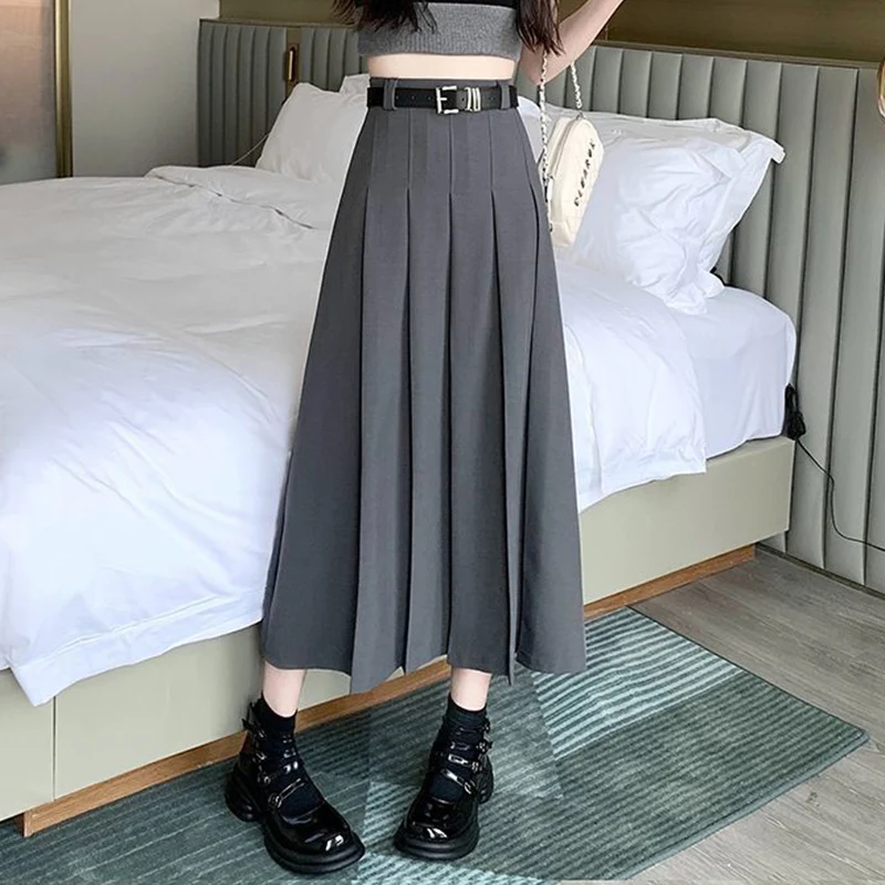 Summer/autumn Preppy Style A-Line Long Skirts for Women 2025 Sashes Solid Woman Dresses Crushing Plus Size Women Skirts