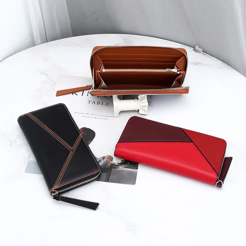 2025 New Genuine Leather Women's Long Wallet with Contrast-Color Design, Spacious Zip Closure Clutch Purse