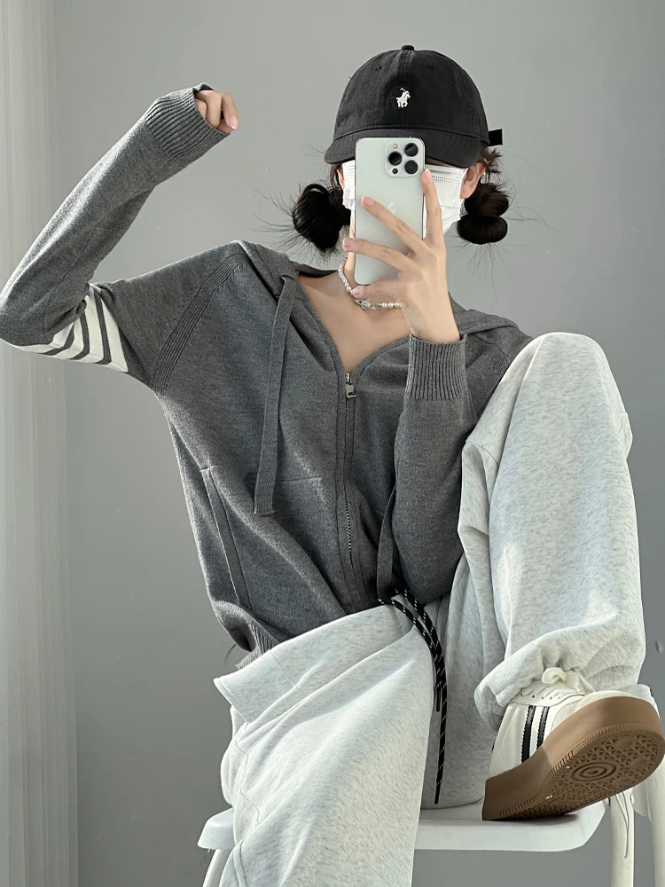 

American Sle Vintage Hooded Loose Ladies Knitted Sweater Double Zipper Open Cardigan Long Sve Striped Commute Sle