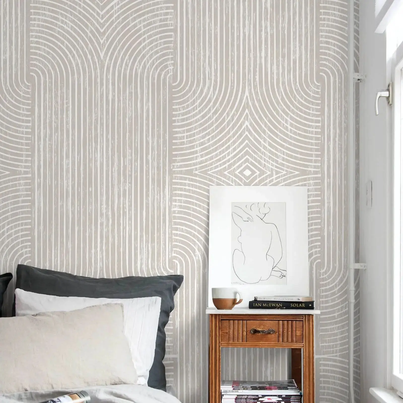 Neutral Boho Abstract Wallpaper Peel and Stick, Geometric Wall Mural For Home Decoration,Self-adhesive Or Traditional Un-paste