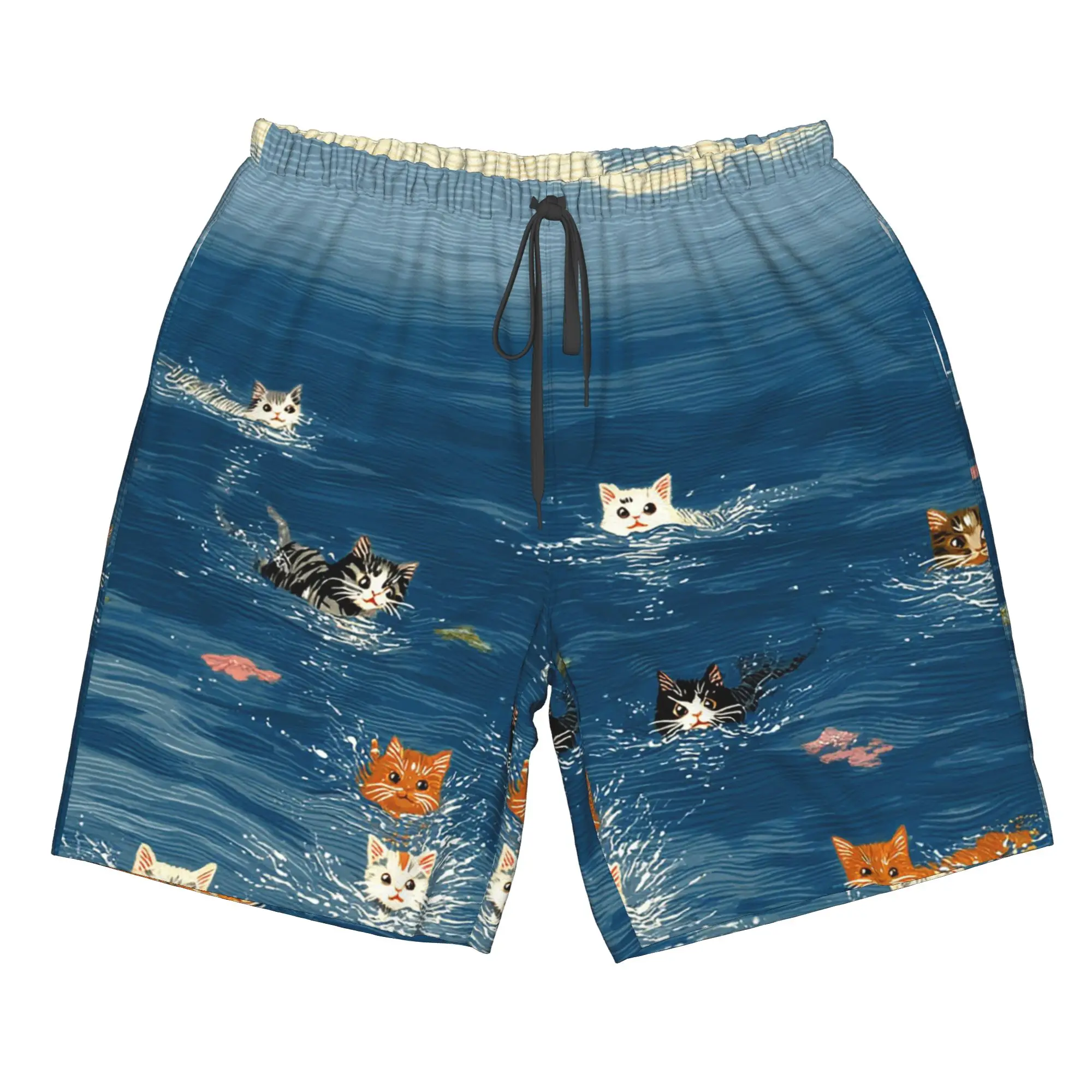 Cartoon Cat Swim In The Sea Print Trunks Beach Board Shorts Casual Quick Dry Swimming Summer Men Pants