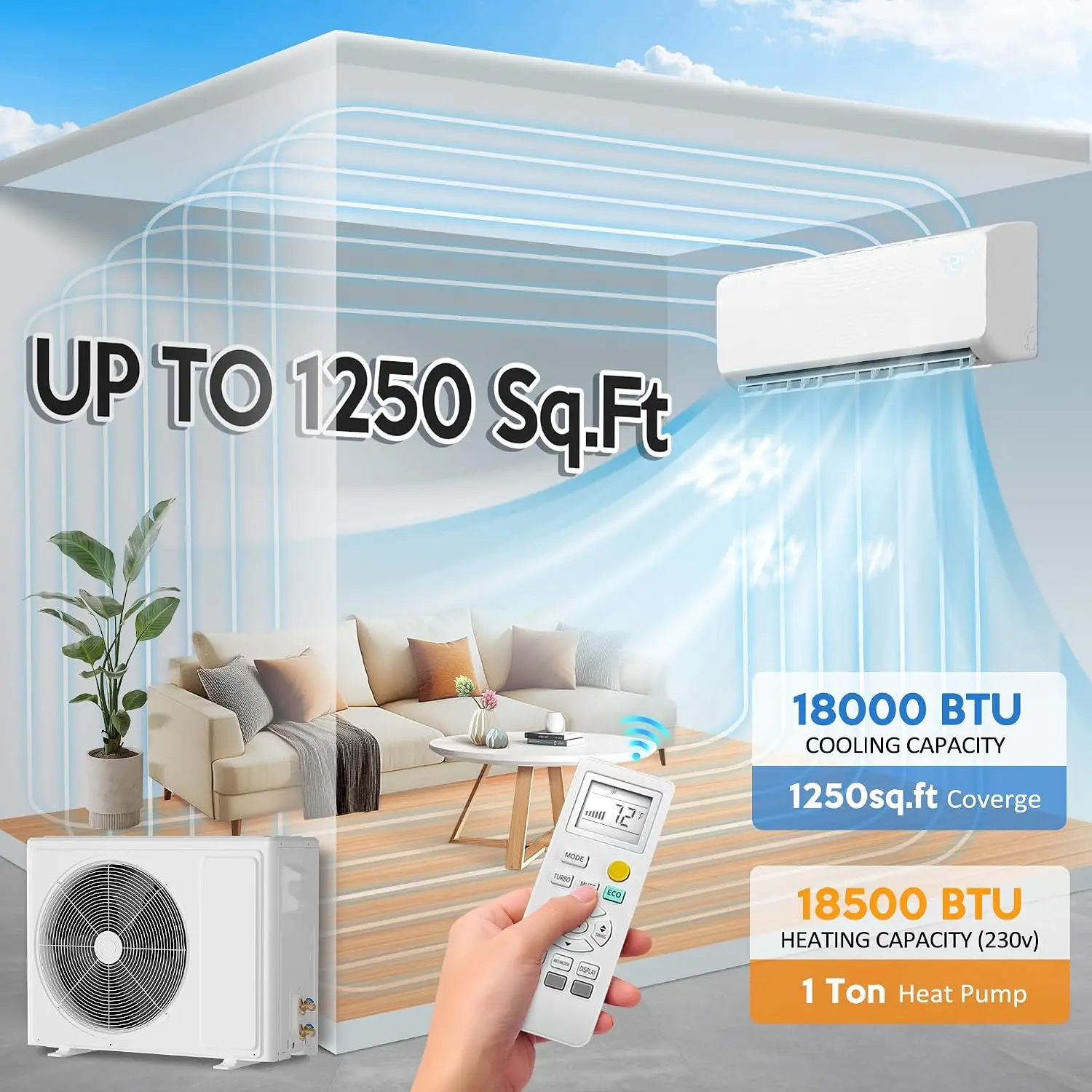18000 BTU Mini Split Air Conditioner Heat Pump 230V Wall Mount Ductless Inverter 19 SEER2 Ultra Quiet 1250 Sq Ft, Custom