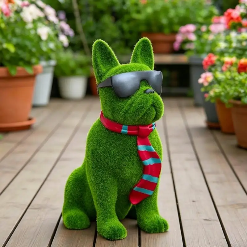 E8BD Green Flocking Puppies Statue With Cool Sunglasses Portable Garden Ornament