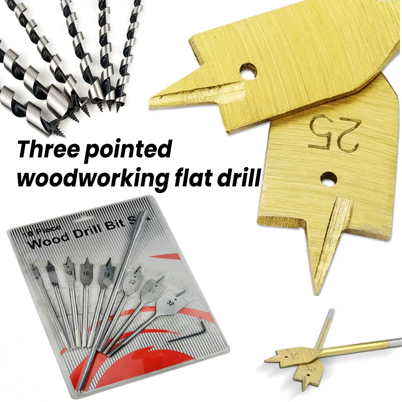 5/6Pcs Three Pointed Woodworking Flat Drill with Hexagonal Handle Hole Opener Wooden Board Drilling Bit Tool Set