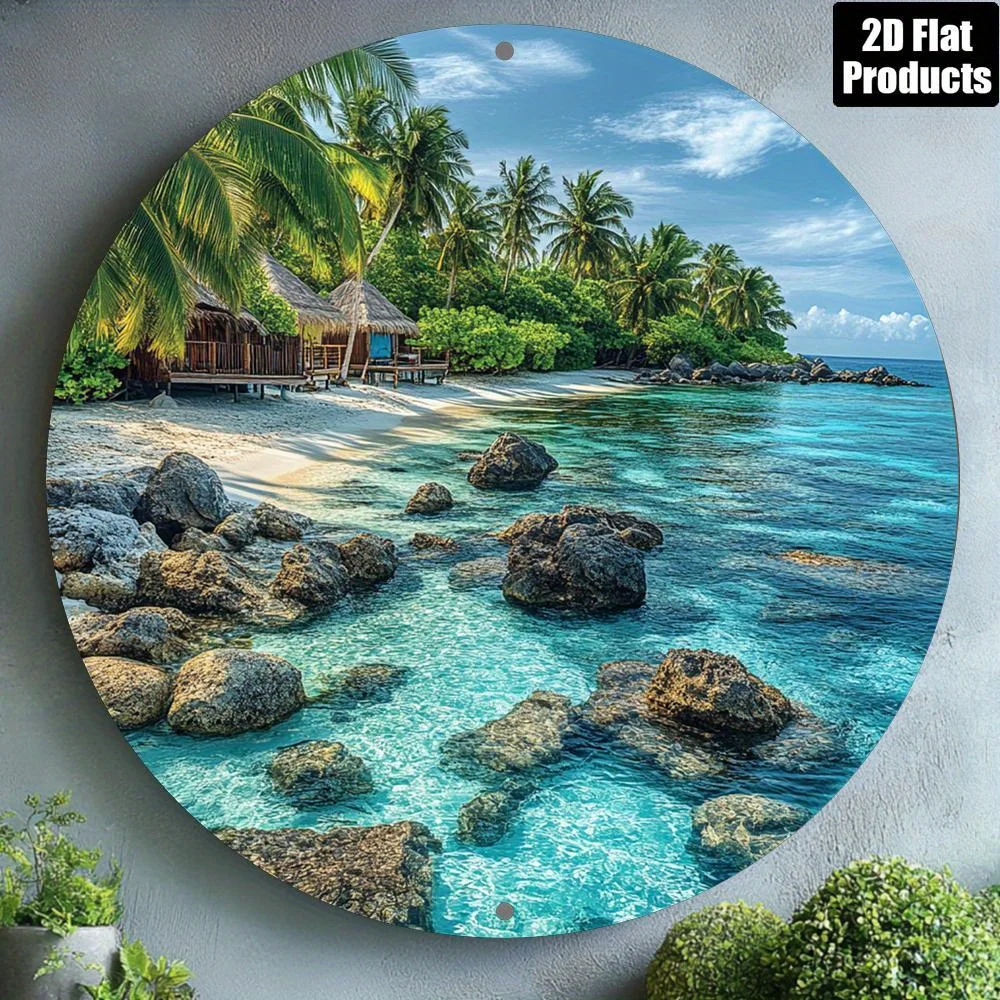 2D Flat Tropical Maldives Scenery Round Aluminum Metal Sign 8x8 Inch Bar Kitchen Cafe Home Office Wall Decor Holiday Gift 1 Pack